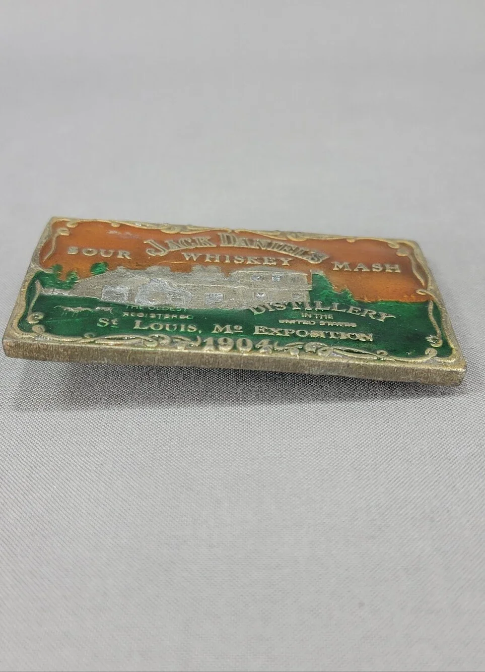 Vtg Jack Daniel's Sour Mash Whiskey Belt Buckle Enamel 1904 ***Broken***
